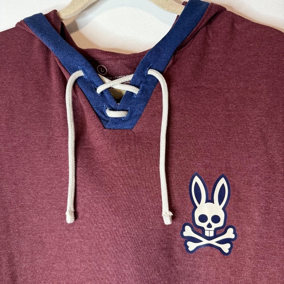 Psycho Bunny Maroon Red Blue Stripe Mens Hoodie Hoodie Sweatshirt - Picture 2 of 4
